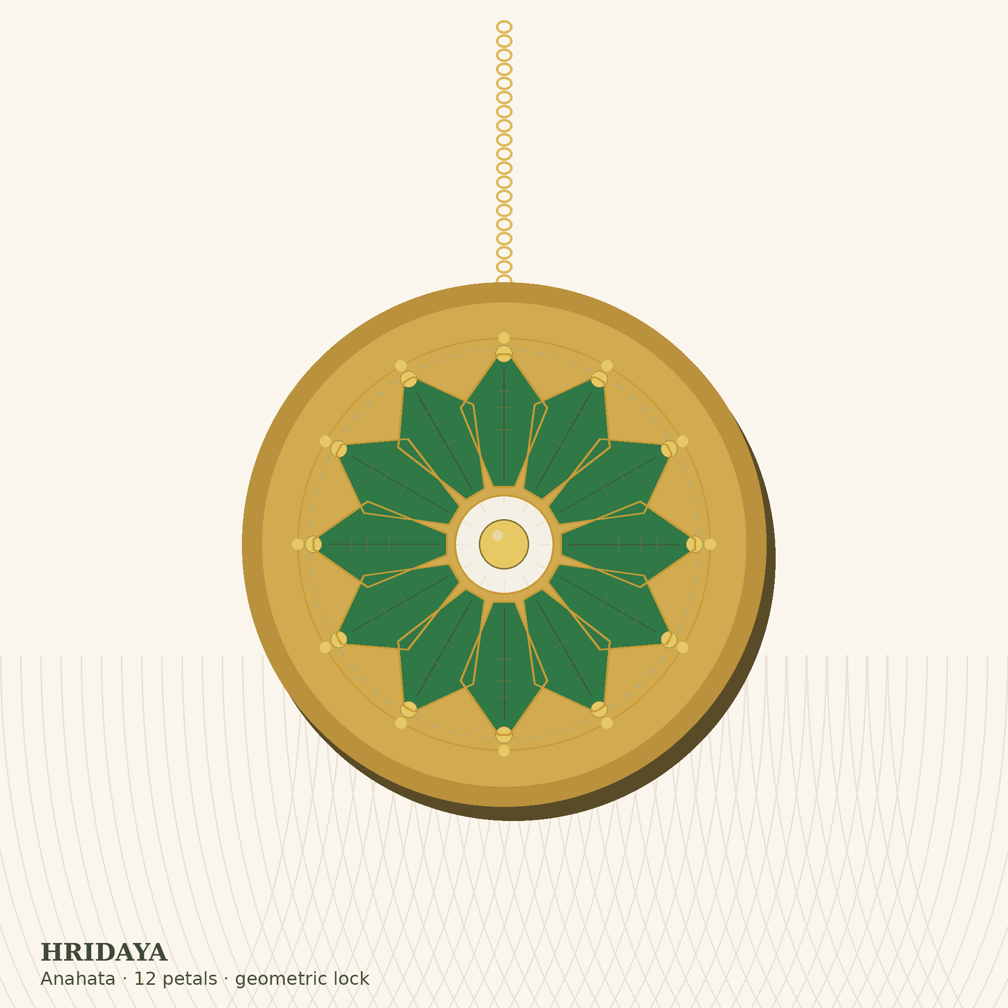 Hridaya geometric 12-petal green Anahata lotus pendant